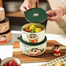小新の雜貨鋪 蠟筆小新飯碗陶瓷保鮮碗帶蓋密封泡面碗卡通可愛上班族飯盒套裝, 棕色,組合-3件套, 1個