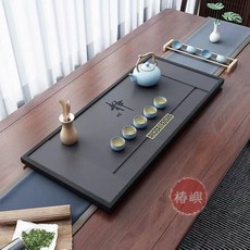 【椿嶼】家用烏金石茶盤 浮雕排水茶託 石盤茶具 簡約茶海, 1個, 40cm+37cm方窗+6件套,合成石 不支持定製