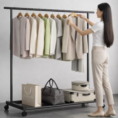 헤르니 이동식 튼튼한 일자 행거 스탠드 옷걸이, 블랙