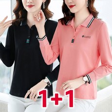 1+1 중년 여성 폴로 골프 긴팔티 봄 가을 골프웨어 캐주얼 슬림핏 이너 상의 카라 긴팔 티셔츠 루즈핏 데일리 폴로셔츠 엄마옷 2장세트 빅사이즈