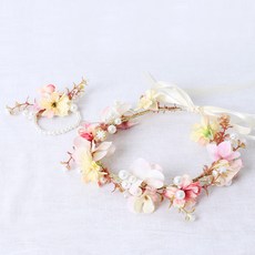 BeautifulDecoSense 花冠 + 花手環 4cm 套組, 珍珠野花花冠