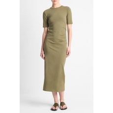 빈스 여성 셔링 주름 코튼 반팔 반슬리브 미디원피스 올리브 (관부가세포함가)