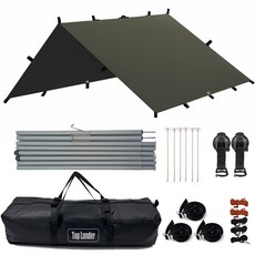 탑 랜더 19개의 연결 고리가 있는 다용도 대형 렉타 캠핑 방수 타프 차량용어닝 야외용 UV 차단, 올리브 그린, 타프 세트(블랙 코팅 타프)