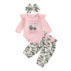 가을 의상 신생아 여아 옷 러플 긴소매 롬퍼 카모플라주 바지 머리띠 사냥 옷 핑크 12-18개월 233304