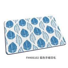 軟式珪藻土地墊 60x40x0.5公分 藍色手繪羽毛圖案 台灣製造, 1個, 藍色手繪羽毛