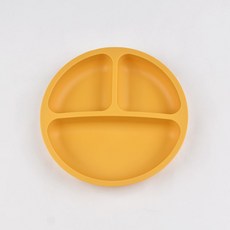 寶寶餐盤 嬰兒矽膠分格輔食勺2件套 幼兒餐具, 明黃色,食品級硅膠【無吸餐盤】, 1個