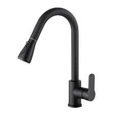 304不鏽鋼 多功能抽拉水龍頭 廚房水槽冷熱水龍頭 單孔萬向水龍頭, 1個, 黑色【主體+固定件+雙進水管】