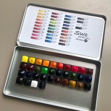 신한 swc 수채화물감 32색+2색 소분물감 조이캘리 고체물감 틴케이스, 상세사이즈(미니팬1.4*1.4)를 확인했습니다.