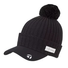 TaylorMade 可拆式毛球針織中空帽，高爾夫球帽，時尚保暖，黑/灰色可選, 黑色, 1個