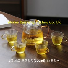 Kisen 크리스탈 차주전자 내열유리 티포트 5종 세트 (찻주전자*1+찻잔*4), 1세트, 투명색, 800ml