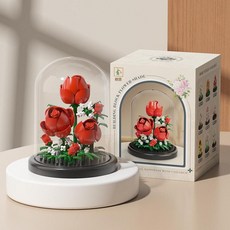 豬豬 微顆粒積木花 兒童益智拼裝玩具 桌面擺飾, M3118玫瑰花 透明罩 底座 彩盒, 1套