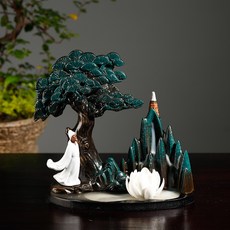 陶瓷高山流水禪意倒流香爐擺件, 觀山水白蓮花