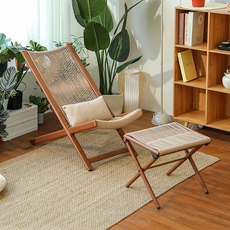 SeekFun 접이식 야외 의자 정원 테라스 체어 카페 라우지 의자 라탄 우드 튼튼한 등받이 낮잠 리클라이너, 브라운(스툴), 1개
