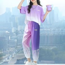 로르카 14세 이상 사용 가능 아동용 그라데이션 반팔 티셔츠 긴바지 루즈핏 캐주얼 운동 세트 D01032911