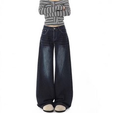 해피유통 여성용 와이드 진 청바지 복고풍 하이웨스트 루즈핏 데님 팬츠 사계절