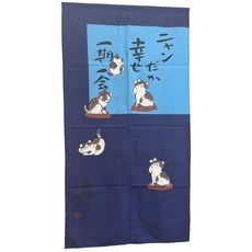 簡單生活館 日式五福貓印花長版門簾 80x150cm (不含桿), 五福貓-藍色