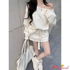 伊凡精品服飾休閒運動兩件套米白色一字肩印花長袖衛衣女裝秋季衛裙半身裙套裝