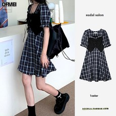 DFMEI 빈티지 프렌치 디자인 퍼프 베스트 페이크 투피스 체크 원피스 조끼 키 작은 자녀