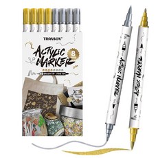 TRANSON 4 블랙 및 화이트 페인트 마커 브러시 파인 듀얼 팁 아크릴 세트 암석 페인팅 유리 캔버스 우드 가죽 세라믹 페인팅용, 4 Gold and 4 Silver