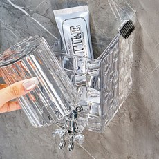 리빙잇몰 투명 크리스탈 무늬 무타공 칫솔걸이 양치컵 세트, 화이트, 1개