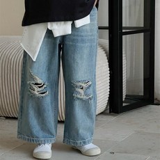 UPPERCUT 주니어 데님 빈티지 데미지 와이드팬츠 아동 밴딩청바지 초등학생 청바지 워싱 데님팬츠 남녀공용