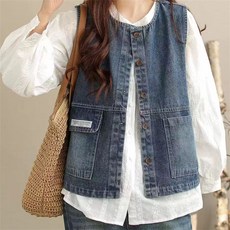 TKX 여성 데님 조끼 캐주얼 멀티 포켓 버튼업 베스트 봄 가을 스타일 간편한 데일리 KS39