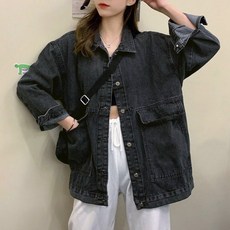 지디오 여성 오버핏 청자켓 긴팔 카라 데님 재킷 레트로 캐주얼 아우터