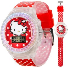 산리오 헬로키티 LCD 시계 - 레드 폴카 도트 스트랩 무지갯빛 베젤 디지털 디스플레이 귀여운 프린트 다이얼 조절 가능한 핏 수집용 틴 박스 에게 적합 14cm에서 20.3cm