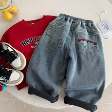 木野兒童鼕季加絨牛仔褲男童韓版百搭加厚休閒褲湖州織裏童裝長褲