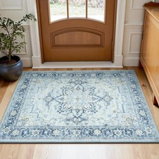 Lofus 입구 욕실용 5.1 x 7.6cm(2 x 3인치) 세탁 가능한 러그 바닥용 미끄럼 방지 주방 매트 빈티지 소프트 도어 매트 실내 입구 좁은 공간 러그 거실 침, 2' x 3' (Rectangular), 블루 & 골드