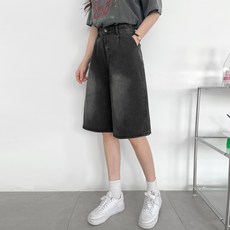 가비진 여성용 허리 조절 버뮤다 워싱 데님 팬츠 5부 청 반바지 바지