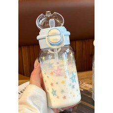 兒童吸管水壺 彈蓋手提環水杯 透明星空圖案 500ml, 1個, 藍色500ML雙飲