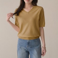 데일리앤 비토 14컬러 부드러운 여성 브이넥 기본 무지 5부 반팔 니트 티셔츠