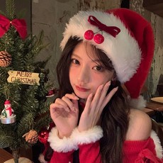크리스마스 산타햇 여성용 귀여운 체리 리본 모임 홈파티 인스타 감성 소품, 1개, 레드 체리