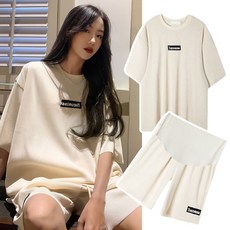 임산부 여름 세트 캐주얼 반팔 상의 하이웨이스트 반바지 상하의 투피스 루즈핏 트레이닝복 임부복 세트 JZZN