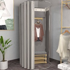 이동식 피팅룸 트랙 탈의실 도어 커텐 커튼 의류 선반 심플 매장 스톨, 4. 실버 암막천+스틸 선반