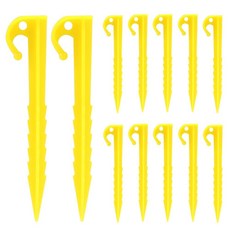 Moicstiy 12팩 플라스틱 텐트 말뚝 14.9cm(5.7인치) 옐로우 톱니 가장자리 내구성 있는 정원 조경 말뚝 스파이크 후크 캠핑 원예 야외 해변용, Style 1