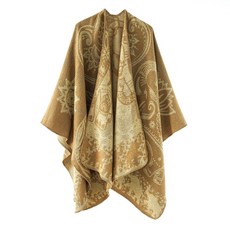 에스닉 스타일 니트 숄 케이프 여행 중에도 따뜻하고 스타일리쉬하게 편안하게 지내세요, 카키색 옷감