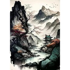 산수화 포스터 그림 캔버스 팝아트 액자 홈데코 레트로 클래식 빈티지 유니크 동양화 고전, A