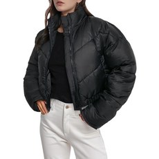 Wyeysyt 여성용 크롭 패딩 재킷 퀼트 겨울 따뜻한 스탠드 칼라 쇼트 코트 베이지. 라지 167747, 블랙