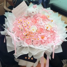永生花多巴胺玩偶送女友七夕節高級仿真香皂花束情人節生日禮物, 33朵 桃花浪暖無玩偶 送禮袋 燈串 1個