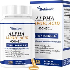 귀 건강 알파 리포산 600mg ALA와 벤포티아민 B1 B12 강황 코엔자임 Q10 셀레늄 에너지 신진대사, 118개 (1팩)