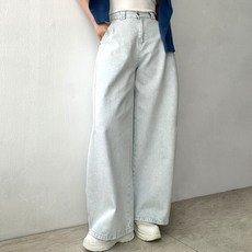 네모엔룩 미들핀턱와이드 여성용 입체 볼륨 핀턱 루즈핏 워시드 라이트컬러 코튼데님 뒷밴딩 와이드 면 데님 팬츠