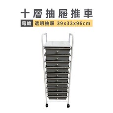 十層抽屜推車 電鍍透明抽屜 39x33x96cm, 白色/灰抽屜, 10層
