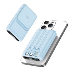 맥세이프 호환 보조배터리 대용량 20000mAh 15W무선+PD22.5W 고속충전 케이블 일체형 LCD잔량표시, 블루, 1개, W010