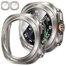 Tensea [삼성 갤럭시 워치 울트라 2025/갤럭시 7 2024용 2팩 47mm 액정보호필름 케이스 액세서리 47mm용 보호 페이스 커버 하드 범퍼 내장 강화 유리 필, Galaxy Watch Ultra-47mm, 티타늄 실버