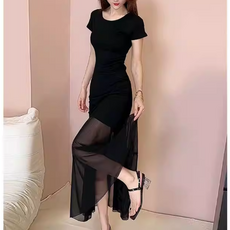 쌍천 블랙 망사 패치 원피스 슬림핏 무용복 난타복 방송댄스 무대공연 라이브방송 아나운서 원피스 A26033020