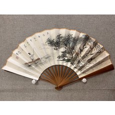 手繪山水國畫摺扇 竹製 宣紙灑金扇面 10寸 魚村煙雨 穆科德老師作品, 參考詳情頁