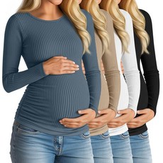 Huukeay 4팩 여성용 임산부 셔츠 긴소매 면 골지 임산부 상의 사이드 주름 장식 크루넥 캐주얼 엄마 의류 블랙 화이트 네이비 블루 와인 레드 L, 블랙, 화이트, 헤이즈 블루, 카키