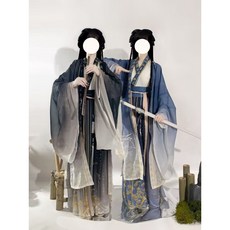 中式漢服 古風漢服 唐制漢服 國風洋裝 大尺碼漢服 宋制漢服 改良式漢服 日常漢服 漢服 漢服上衣 漢服女裝 碎花裙, 藍色三件套【大袖+交領+齊腰】,XL, 1個